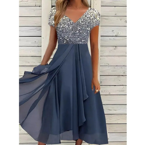 Elegant Lace Patchwork Chiffon Dress for Women Long Bridesmaid Evening Dress